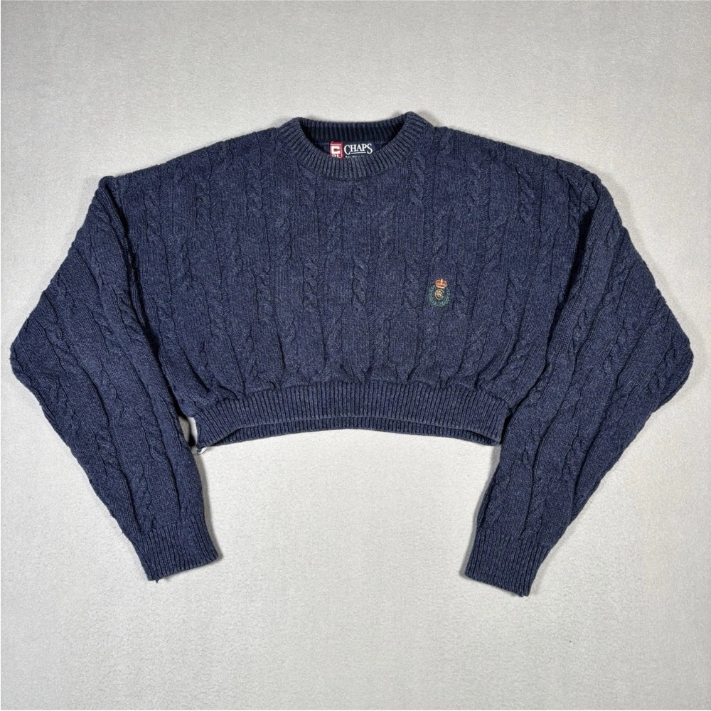 Vintage Chaps Ralph Lauren Cable Knit Cropped Sweater Womens Navy Blue Fisherman